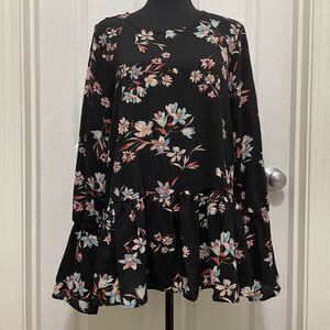CKW Crew Knitwear Boho Black Blouse Floral Ruffled Hem Flounce Sleeve Womens XL